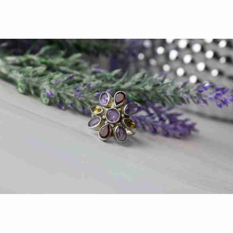 Sky Jewelry Серебряное кольцо *FLOWER* с камнями Аметист, Цитрин и Спессартит