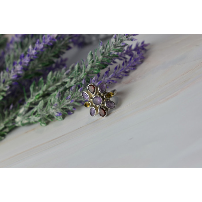 Sky Jewelry Серебряное кольцо *FLOWER* с камнями Аметист, Цитрин и Спессартит