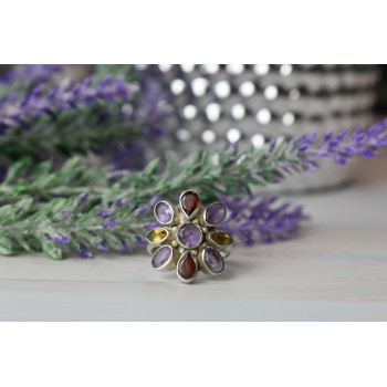 Sky Jewelry Серебряное кольцо *FLOWER* с камнями Аметист, Цитрин и Спессартит