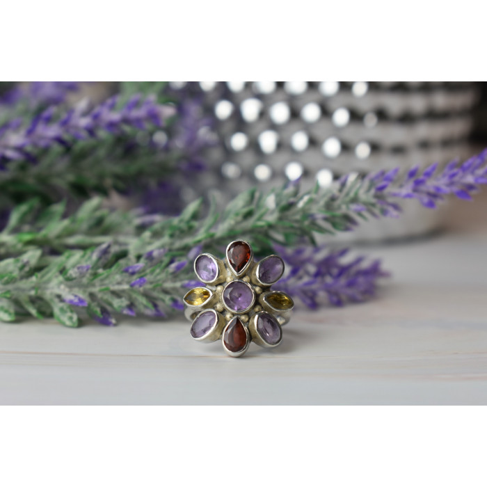 Sky Jewelry Серебряное кольцо *FLOWER* с камнями Аметист, Цитрин и Спессартит