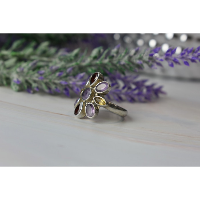 Sky Jewelry Серебряное кольцо *FLOWER* с камнями Аметист, Цитрин и Спессартит