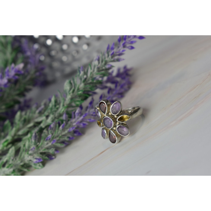 Sky Jewelry Серебряное кольцо *FLOWER* с камнями Аметист, Цитрин и Спессартит