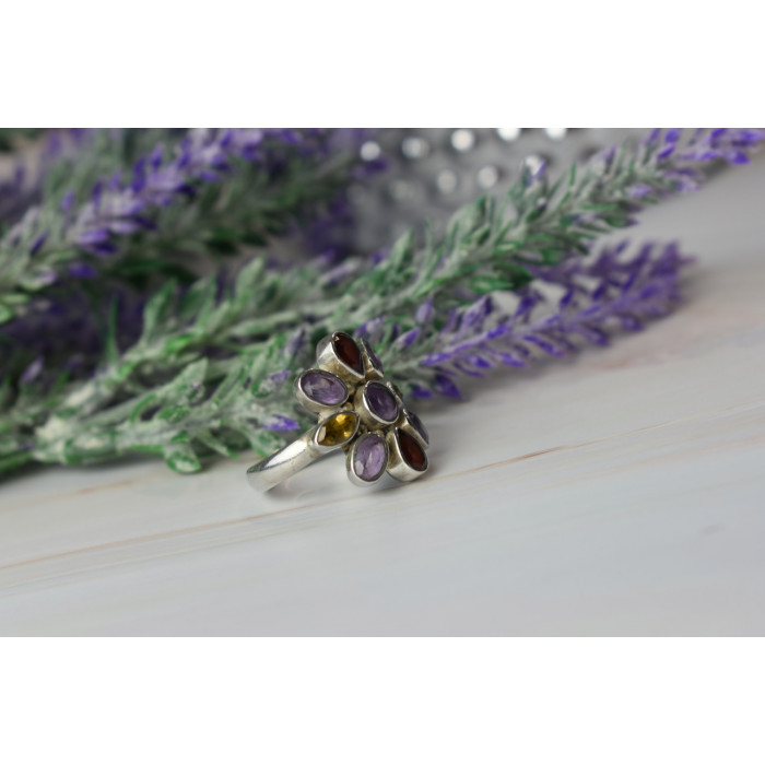 Sky Jewelry Серебряное кольцо *FLOWER* с камнями Аметист, Цитрин и Спессартит