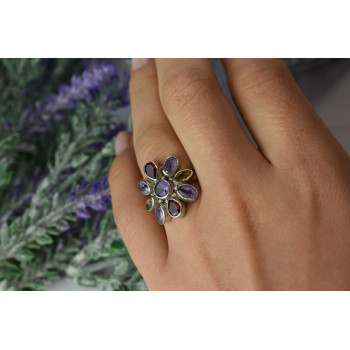 Sky Jewelry Серебряное кольцо *FLOWER* с камнями Аметист, Цитрин и Спессартит