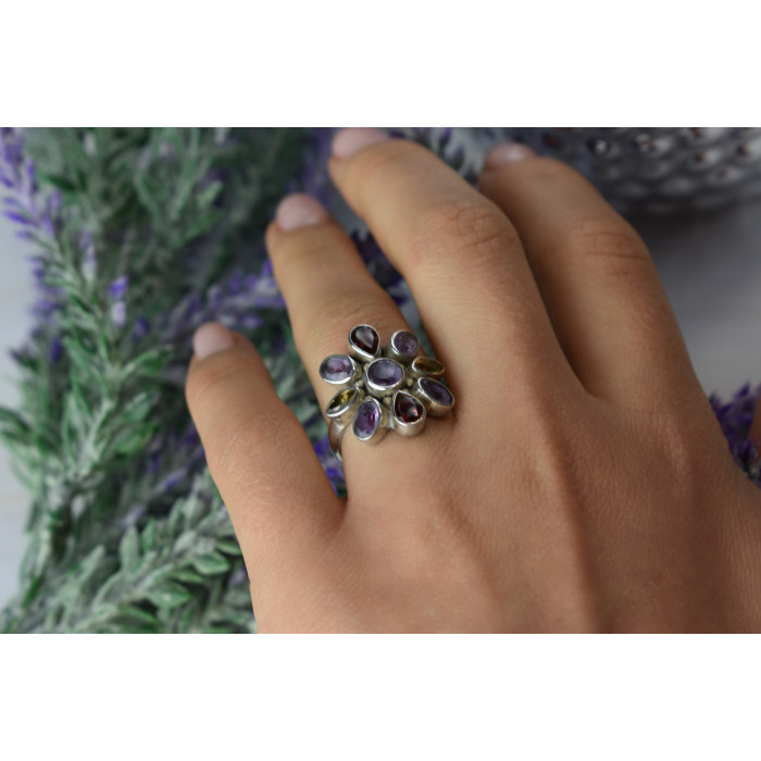 Sky Jewelry Серебряное кольцо *FLOWER* с камнями Аметист, Цитрин и Спессартит