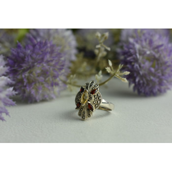 Sky Jewelry Серебряное кольцо с Альмандином, Гелиодором и камнями Морион