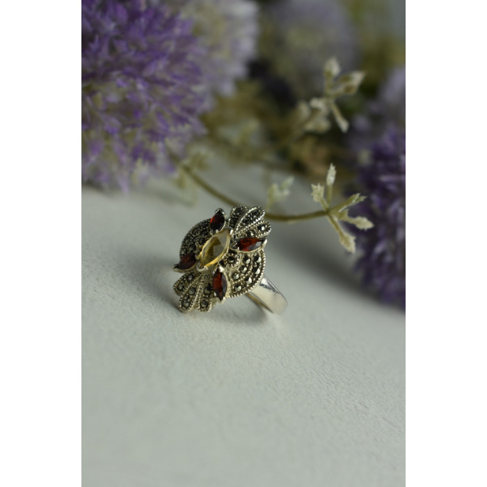 Sky Jewelry Серебряное кольцо с Альмандином, Гелиодором и камнями Морион