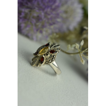 Sky Jewelry Серебряное кольцо с Альмандином, Гелиодором и камнями Морион