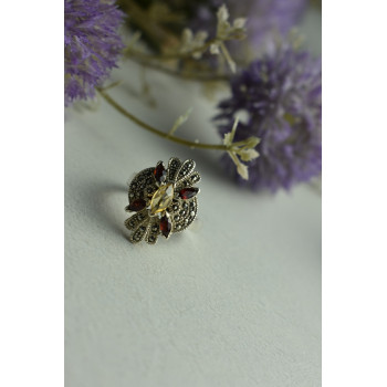 Sky Jewelry Серебряное кольцо с Альмандином, Гелиодором и камнями Морион