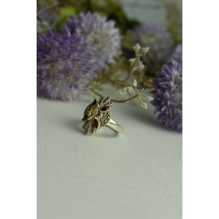 Sky Jewelry Серебряное кольцо с Альмандином, Гелиодором и камнями Морион