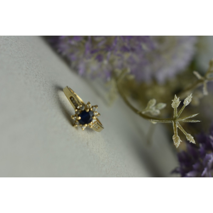 Sky Jewelry Золотое кольцо 14К (585 проба) с темно-синей Шпинелью и бриллиантами