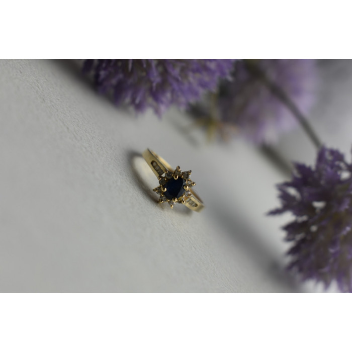 Sky Jewelry Золотое кольцо 14К (585 проба) с темно-синей Шпинелью и бриллиантами