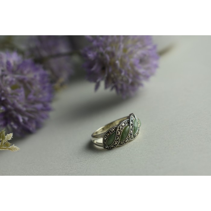Sky Jewelry Серебряное кольцо 925 проба с зеленым Нефритом и камнями Морион