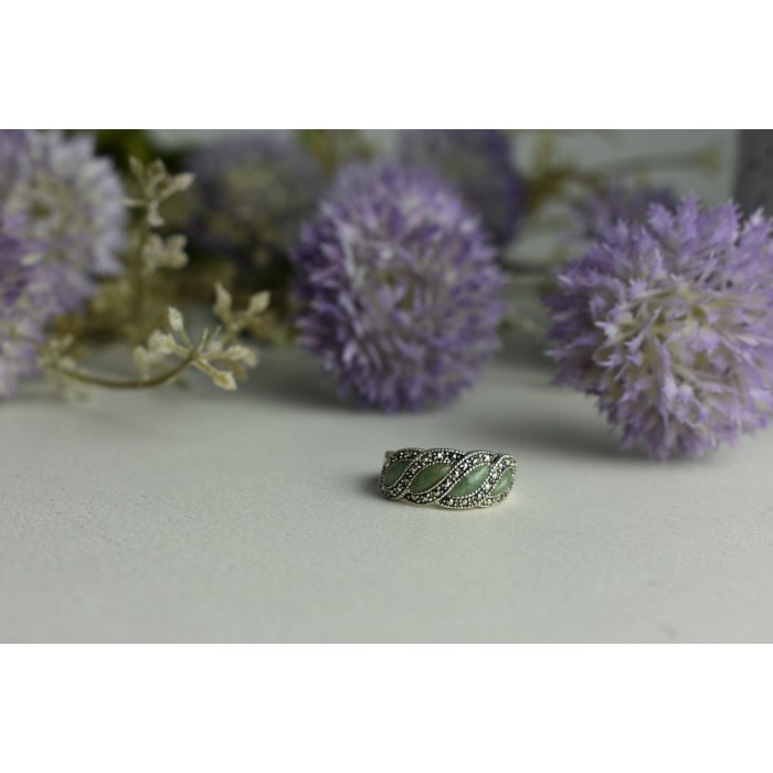 Sky Jewelry Серебряное кольцо 925 проба с зеленым Нефритом и камнями Морион