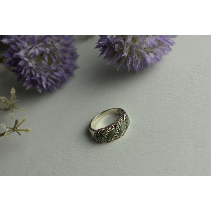 Sky Jewelry Серебряное кольцо 925 проба с зеленым Нефритом и камнями Морион