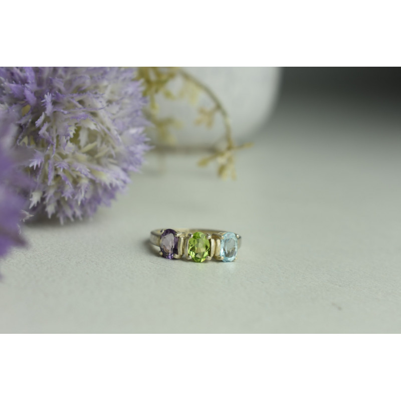 Sky Jewelry Серебряное кольцо с фиолетовым Турмалином , голубой Шпинелью и Перидотом