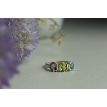 Sky Jewelry Серебряное кольцо с фиолетовым Турмалином , голубой Шпинелью и Перидотом