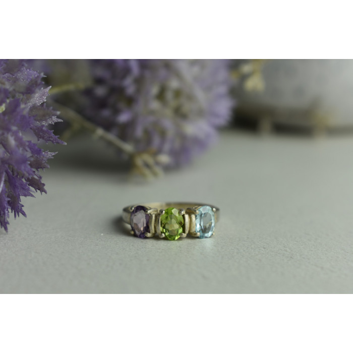 Sky Jewelry Серебряное кольцо с фиолетовым Турмалином , голубой Шпинелью и Перидотом