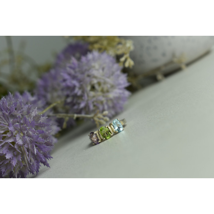 Sky Jewelry Серебряное кольцо с фиолетовым Турмалином , голубой Шпинелью и Перидотом