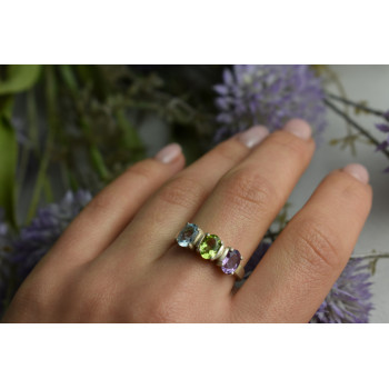 Sky Jewelry Серебряное кольцо с фиолетовым Турмалином , голубой Шпинелью и Перидотом
