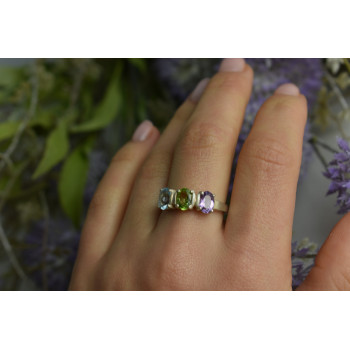 Sky Jewelry Серебряное кольцо с фиолетовым Турмалином , голубой Шпинелью и Перидотом
