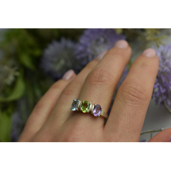 Sky Jewelry Серебряное кольцо с фиолетовым Турмалином , голубой Шпинелью и Перидотом