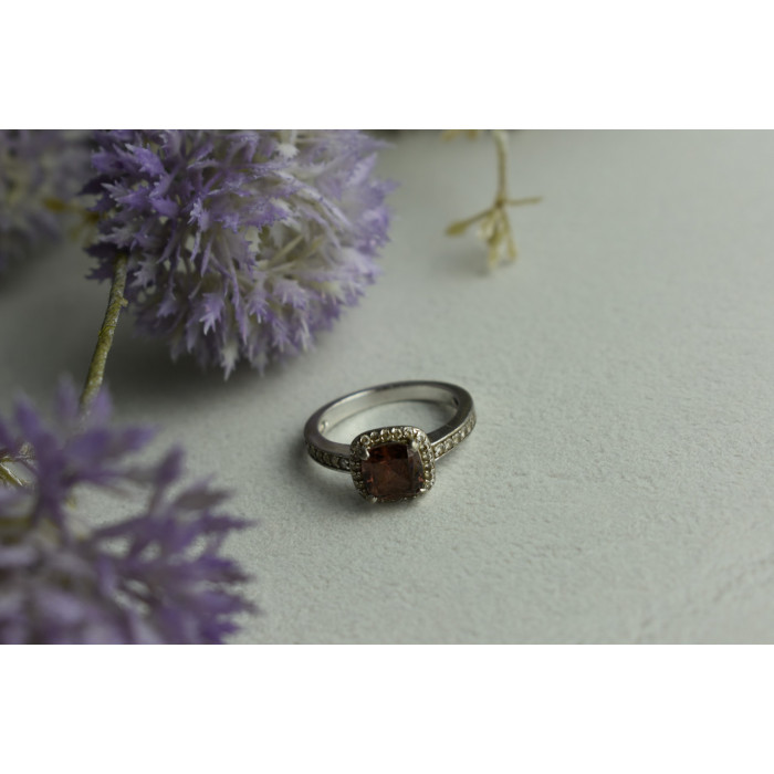 Sky Jewelry Серебряное кольцо с камнем Гессонит и фианитами