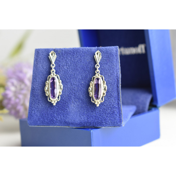 Sky Jewelry Винтажные серебряные серьги-гвоздики с Фиолетовым Турмалином и камнями Морион