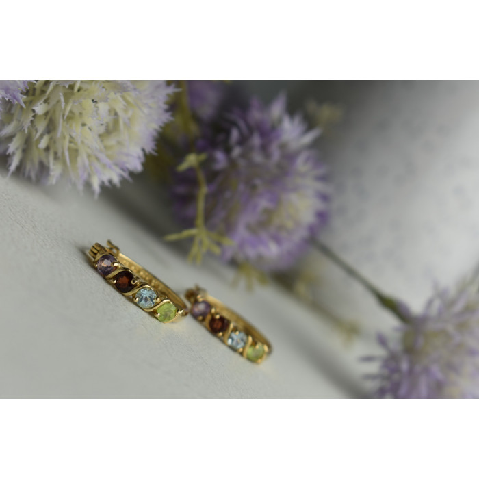 Sky Jewelry Серебряные серьги 925 пробы в позолоте с камнями: Перидот,голубая Шпинель,Гранат,Турмалин