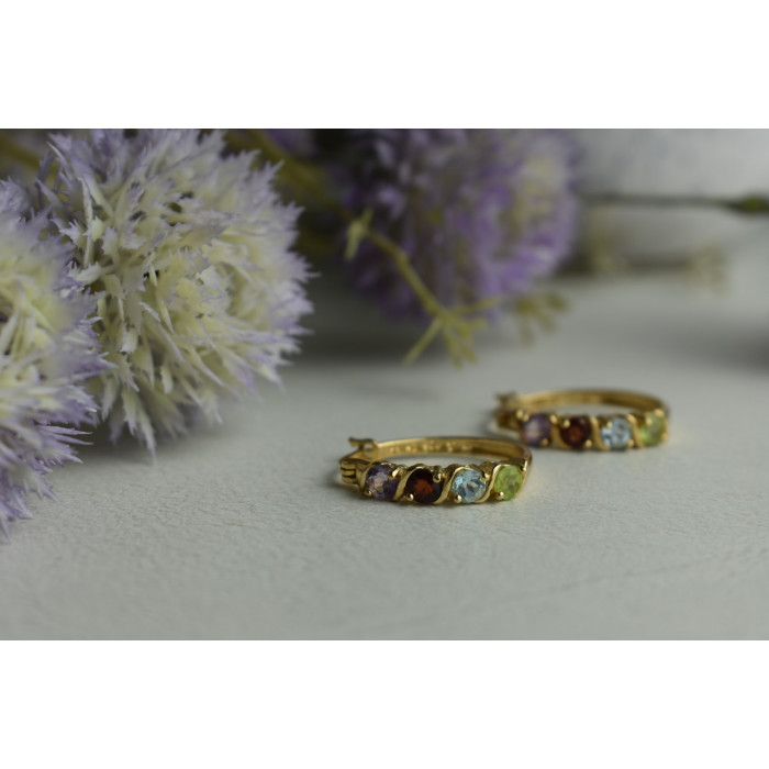 Sky Jewelry Серебряные серьги 925 пробы в позолоте с камнями: Перидот,голубая Шпинель,Гранат,Турмалин