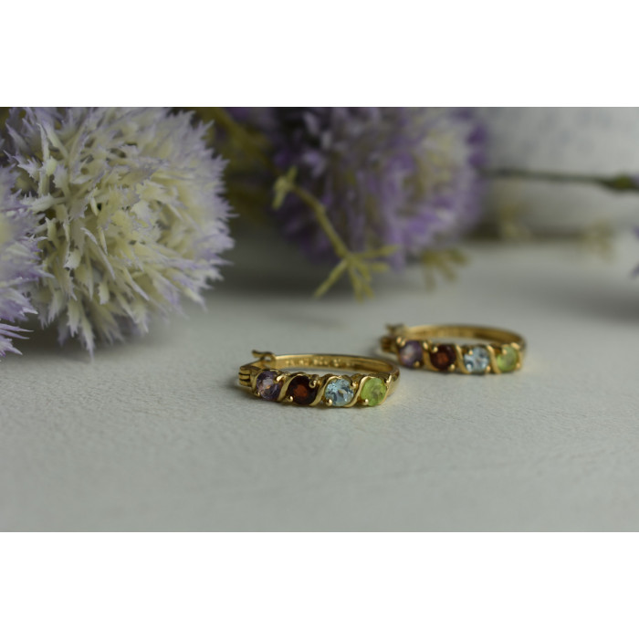 Sky Jewelry Серебряные серьги 925 пробы в позолоте с камнями: Перидот,голубая Шпинель,Гранат,Турмалин