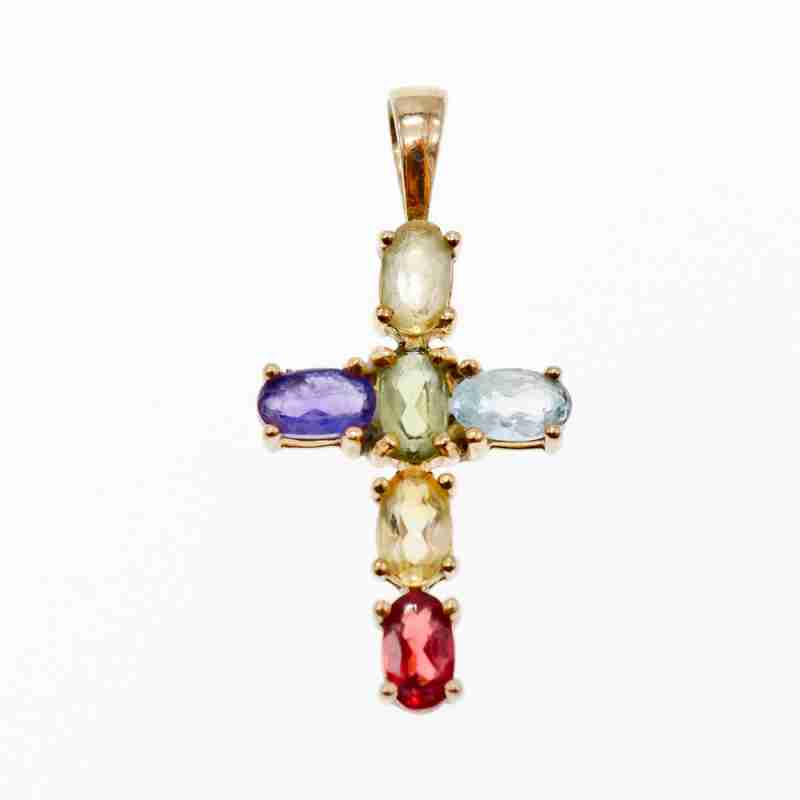 Sky Jewelry Серебряный крестик в позолоте с натуральными камнями