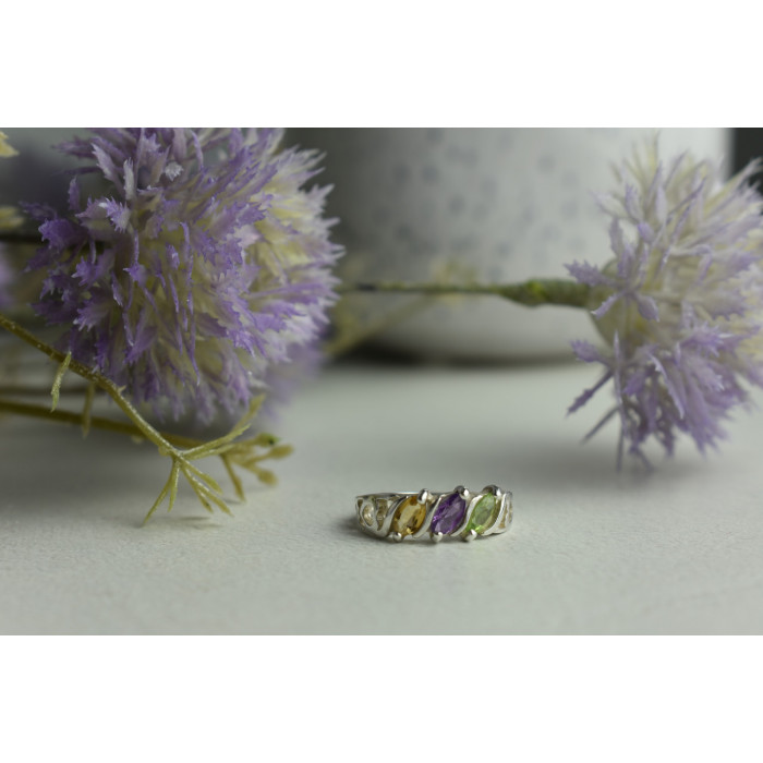 Sky Jewelry Серебряное кольцо с камнями: Тсаворит (Цаворит), Турмалин и Гелиодор