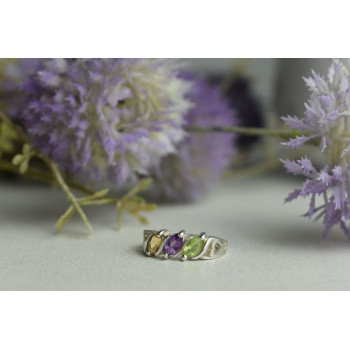 Sky Jewelry Серебряное кольцо с камнями: Тсаворит (Цаворит), Турмалин и Гелиодор
