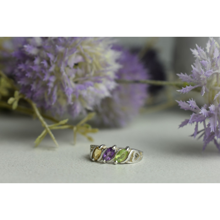 Sky Jewelry Серебряное кольцо с камнями: Тсаворит (Цаворит), Турмалин и Гелиодор