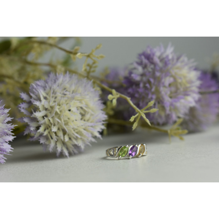 Sky Jewelry Серебряное кольцо с камнями: Тсаворит (Цаворит), Турмалин и Гелиодор