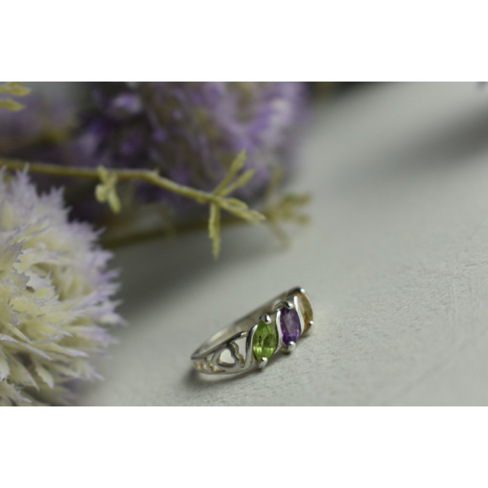 Sky Jewelry Серебряное кольцо с камнями: Тсаворит (Цаворит), Турмалин и Гелиодор