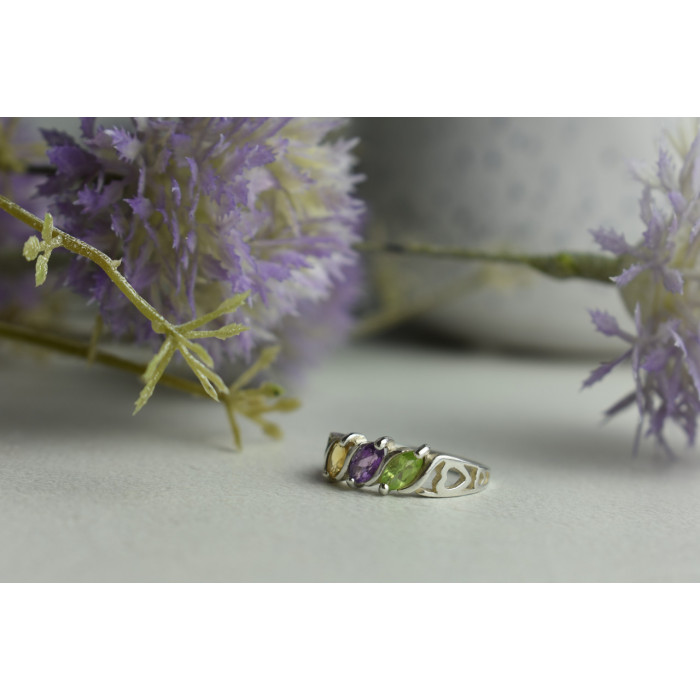 Sky Jewelry Серебряное кольцо с камнями: Тсаворит (Цаворит), Турмалин и Гелиодор