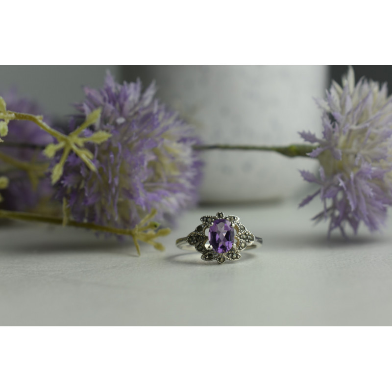 Sky Jewelry Серебряное кольцо с Фиолетовым Турмалином и черным Кварцем (Морион)