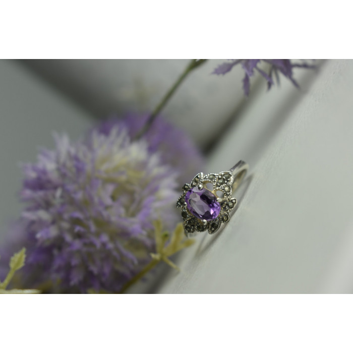 Sky Jewelry Серебряное кольцо с Фиолетовым Турмалином и черным Кварцем (Морион)