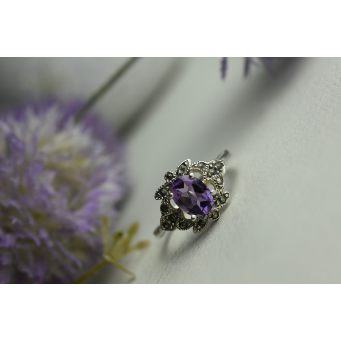 Sky Jewelry Серебряное кольцо с Фиолетовым Турмалином и черным Кварцем (Морион)