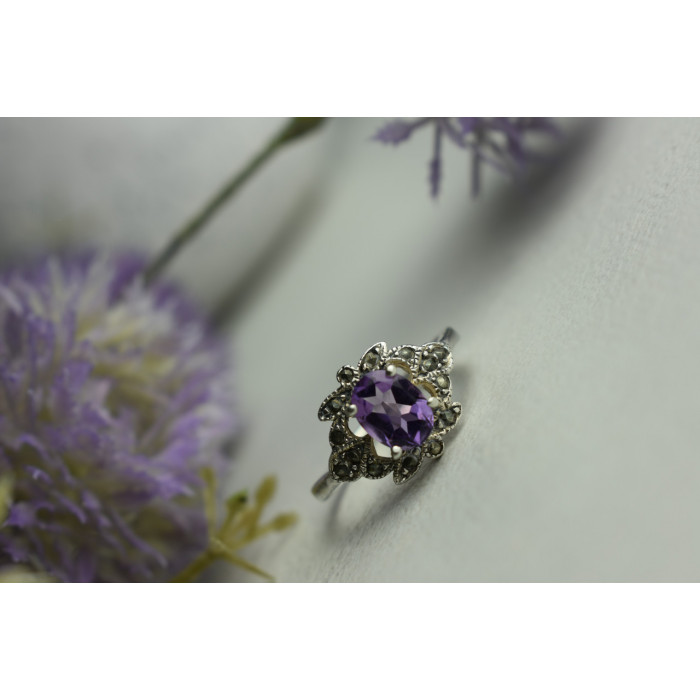 Sky Jewelry Серебряное кольцо с Фиолетовым Турмалином и черным Кварцем (Морион)