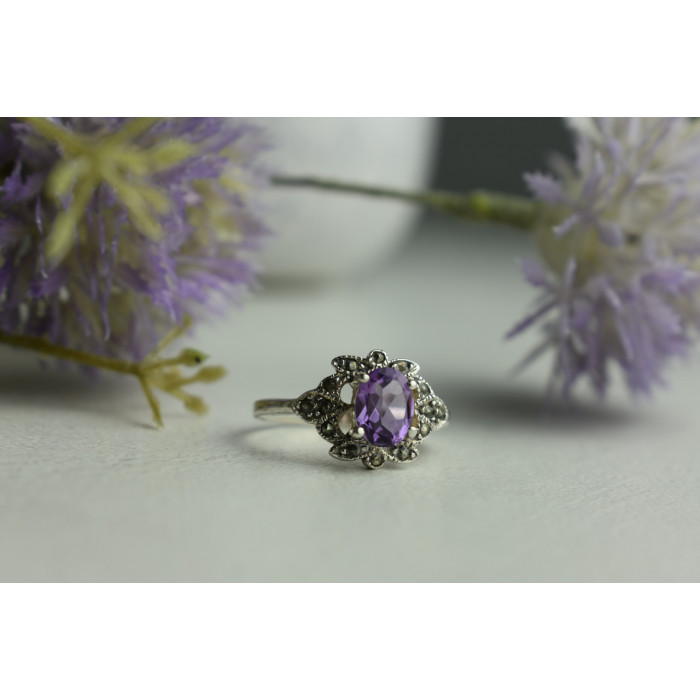 Sky Jewelry Серебряное кольцо с Фиолетовым Турмалином и черным Кварцем (Морион)