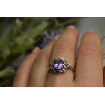 Sky Jewelry Серебряное кольцо с Фиолетовым Турмалином и черным Кварцем (Морион)