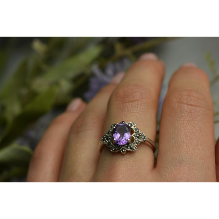 Sky Jewelry Серебряное кольцо с Фиолетовым Турмалином и черным Кварцем (Морион)