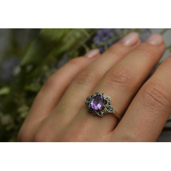 Sky Jewelry Серебряное кольцо с Фиолетовым Турмалином и черным Кварцем (Морион)