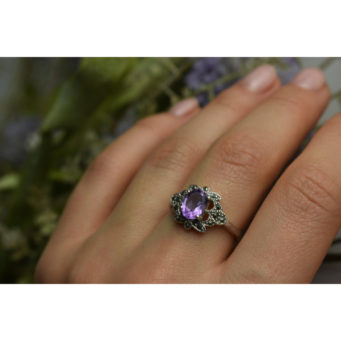 Sky Jewelry Серебряное кольцо с Фиолетовым Турмалином и черным Кварцем (Морион)