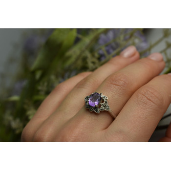 Sky Jewelry Серебряное кольцо с Фиолетовым Турмалином и черным Кварцем (Морион)