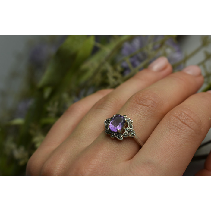 Sky Jewelry Серебряное кольцо с Фиолетовым Турмалином и черным Кварцем (Морион)