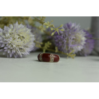 Sky Jewelry Серебряное кольцо с Бордовым Кораллом и камнями Морион